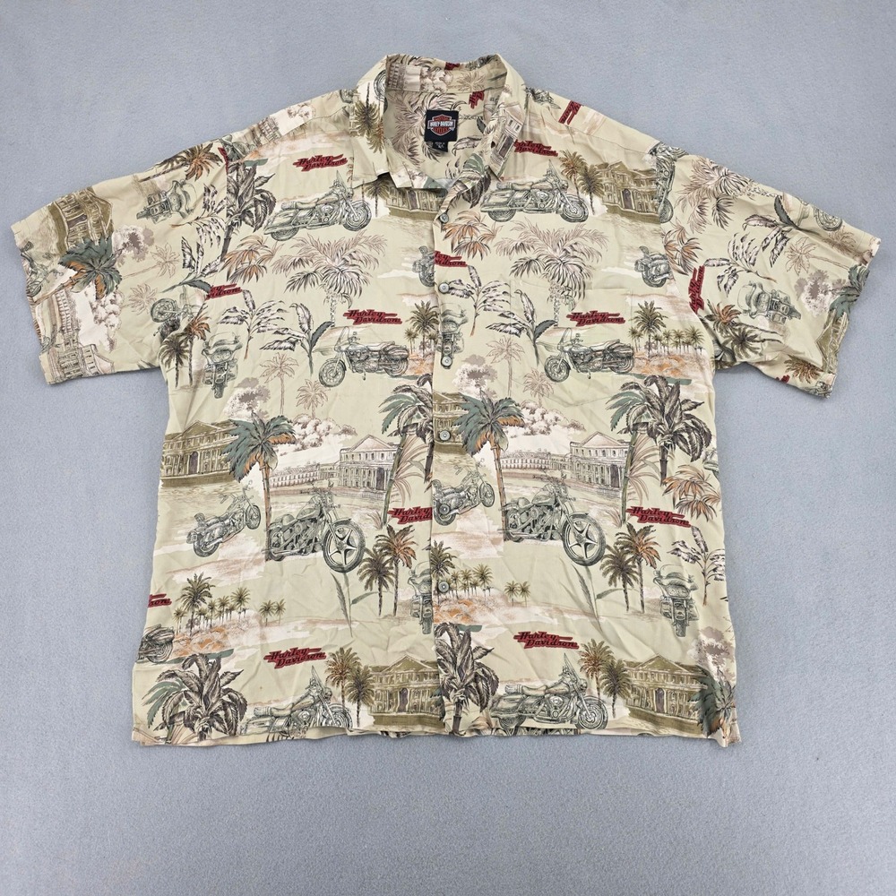 Harley Davidson Mens Tropical Island Motorcycle Button Down Shirt Tan USA Made